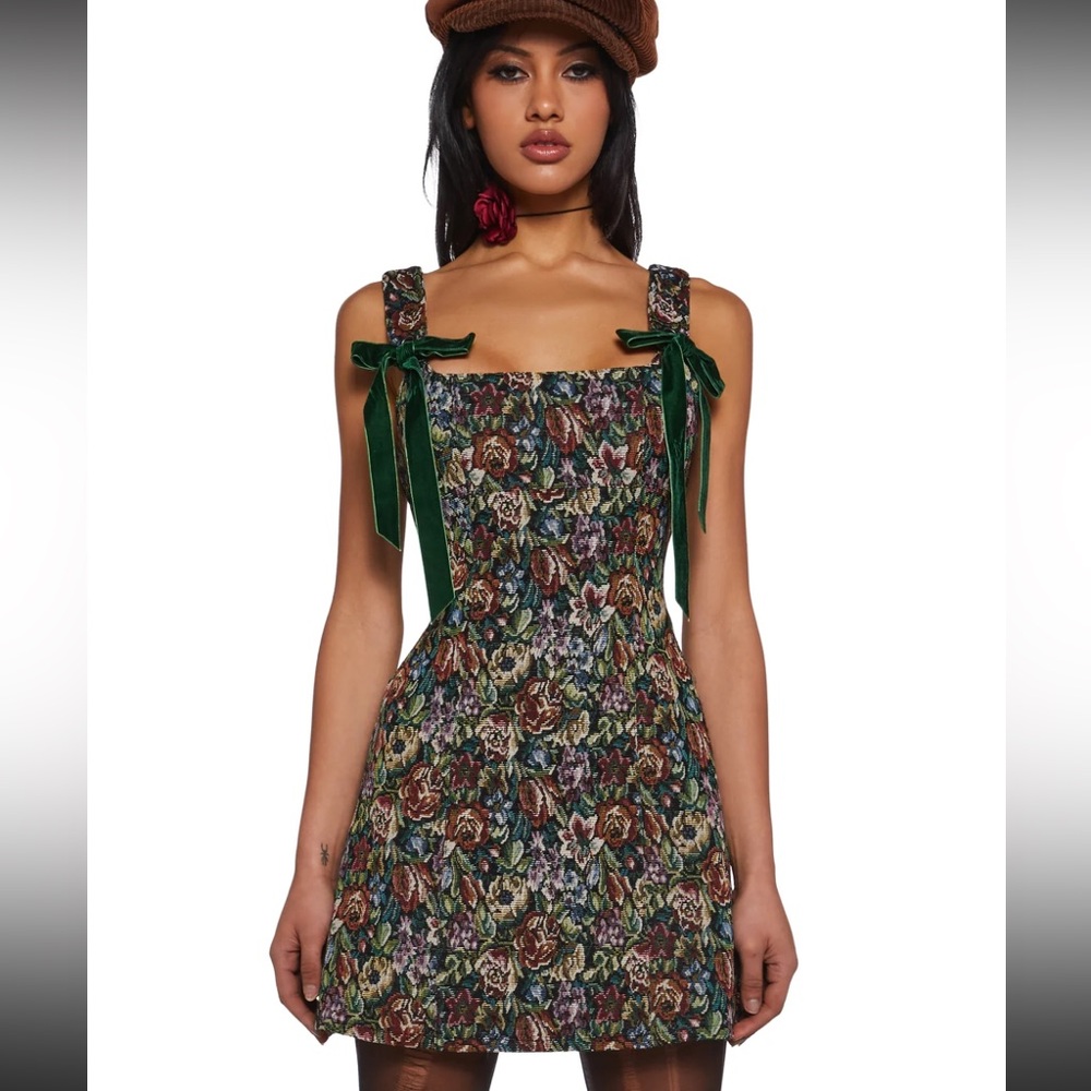Dolls Kill Floral Tapestry Mini Dress with Green Velvet Ties - Picture 5 of 16